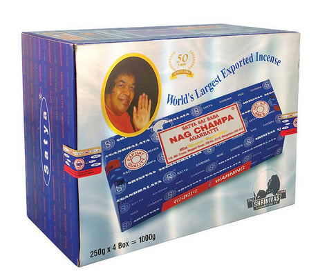Satya Nag Champa Incense Sticks 4 Pack, compact design for home decor, front view on white background