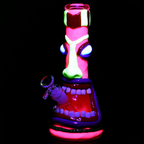Screamin' Tiki Beaker Water Pipe with UV Reactive 3D Paint, Borosilicate Glass, Front View