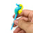 Hand holding DankGeek Seahorse Dabber in blue, crafted from borosilicate glass with striped design