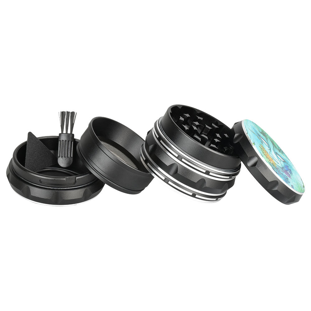 Sean Dietrich Brackish 4-Piece Grinder, compact black metal with unique top design, open view