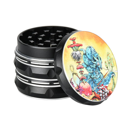 Sean Dietrich Mushroom Lounge 4pc Metal Grinder, Black with Psychedelic Design, Front View