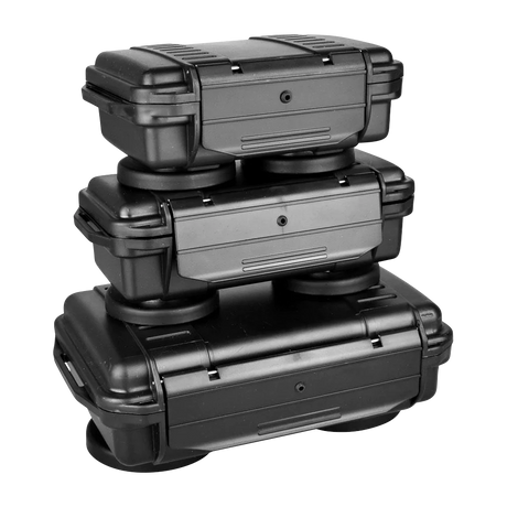 Stack of three black Secret Safe hard cases with vacuum seal and rubber padding, portable design