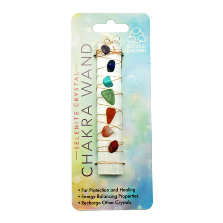 Selenite Crystal Chakra Wand with colorful stones for energy balance, front view on packaging