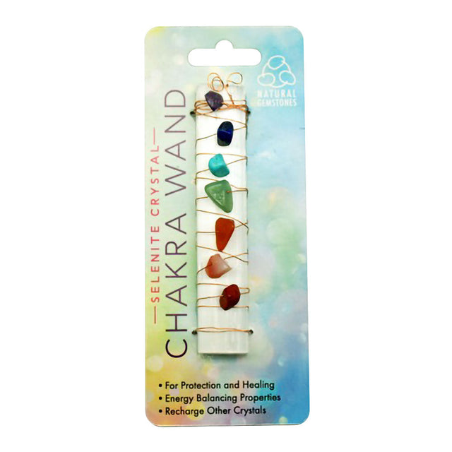 Selenite Crystal Chakra Wand with colorful stones for energy balance, front view on packaging