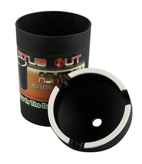 Self-Extinguishing Ashtray 12 Pack - Front View, Black with Stub Out Design