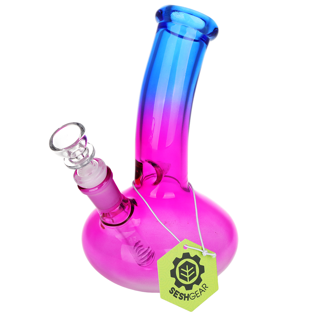 SeshGear Bent Neck Ombre glass bong in a pink blue ombre with a bent neck and single pinch ice catcher