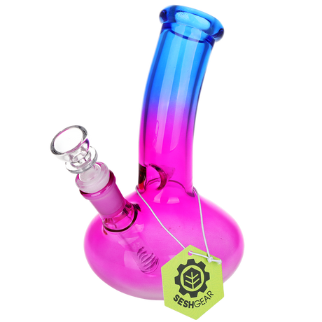 SeshGear Bent Neck Ombre glass bong in a pink blue ombre with a bent neck and single pinch ice catcher