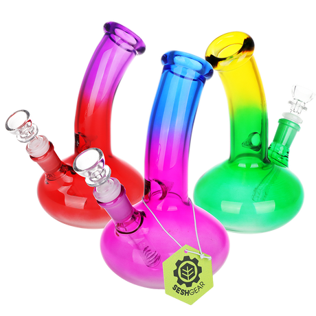 SeshGear Bent Neck Ombre 8 inch glass bong 3 pack in borosilicate glass with a squashed bubble base