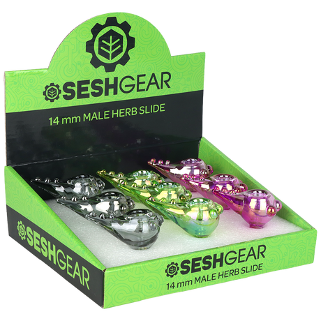 Colorful chromatic glass herb slides from SeshGear, 9 count assortment for retail or spare bowls