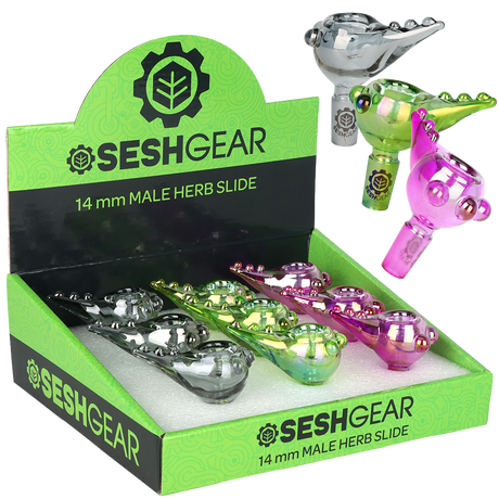 SeshGear Chromatic 14mm male herb slide 9 pack, borosilicate glass with an iridescent finish