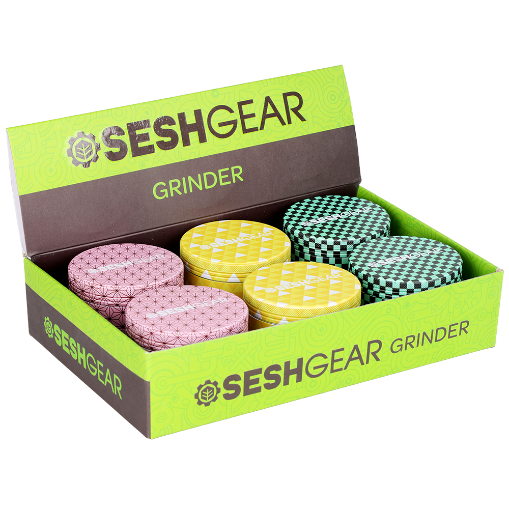 Lightweight SeshGear Kimono aluminum herb grinder, 2.5 inch diameter, 6-count assorted color display