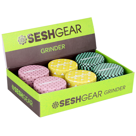 Lightweight SeshGear Kimono aluminum herb grinder, 2.5 inch diameter, 6-count assorted color display