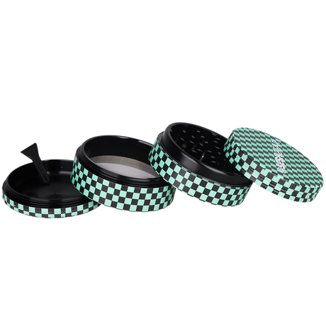 SeshGear Kimono grinder in a green checkers pattern, 2.5 inch aluminum body with 4 separate pieces