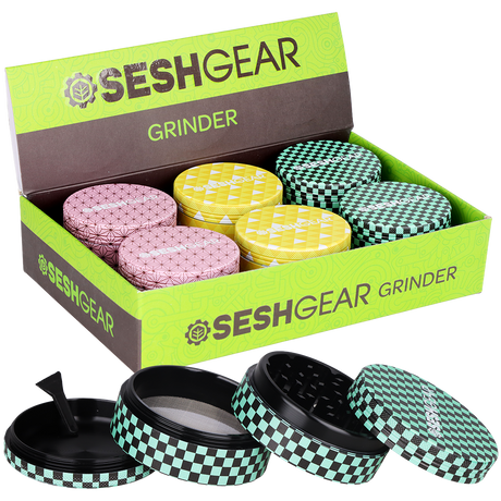 SeshGear Kimono 2.5 inch 4-piece aluminum herb grinder sold as a 6-pack display of printed patterns