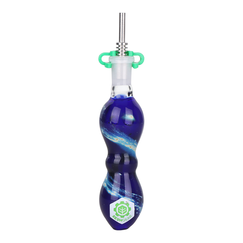 Blue borosilicate glass dab straw with a starry white swirl and the SeshGear logo, 3 count bundle