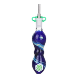 Blue borosilicate glass dab straw with a starry white swirl and the SeshGear logo, 3 count bundle