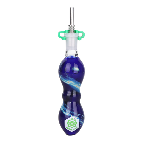Blue borosilicate glass dab straw with a starry white swirl and the SeshGear logo, 3 count bundle