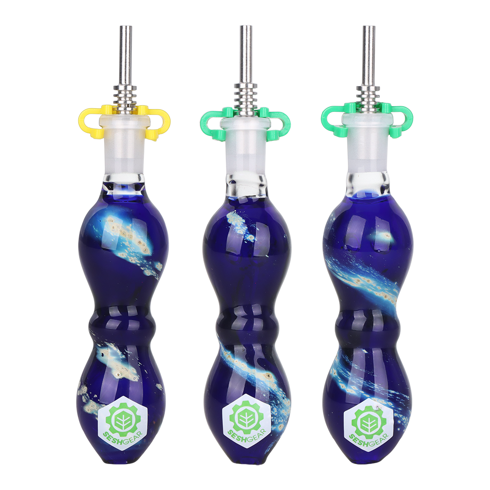 SeshGear Galactic Stew 4.25 inch glass dab straw with a swirl of blue and white borosilicate glass