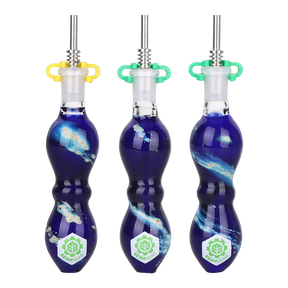 SeshGear Galactic Stew 4.25 inch glass dab straw with a swirl of blue and white borosilicate glass