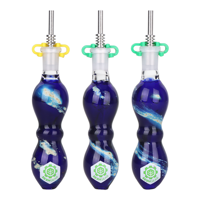 SeshGear Galactic Stew 4.25 inch glass dab straw with a swirl of blue and white borosilicate glass