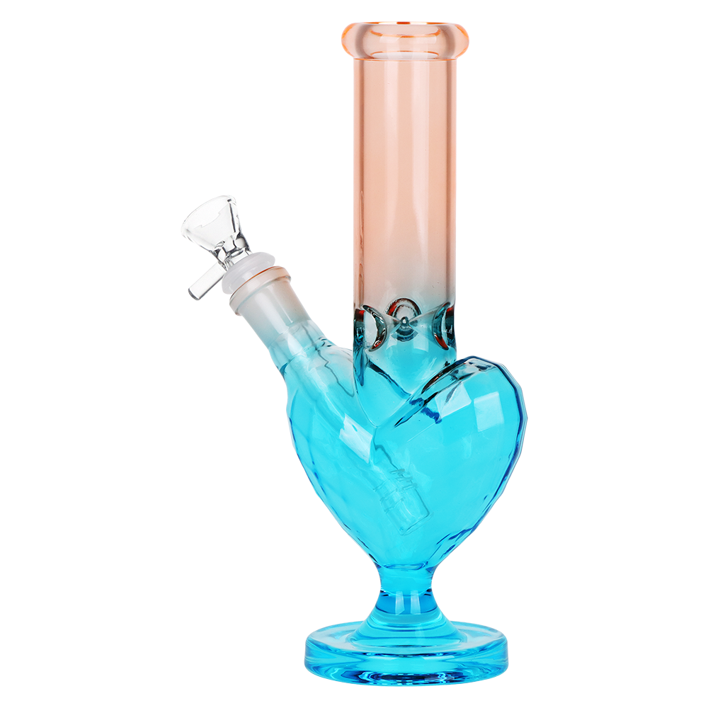 Three SeshGear heart bongs in pink yellow, yellow red and orange blue ombre electroplated glass