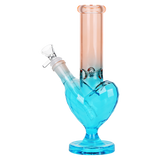 Three SeshGear heart bongs in pink yellow, yellow red and orange blue ombre electroplated glass