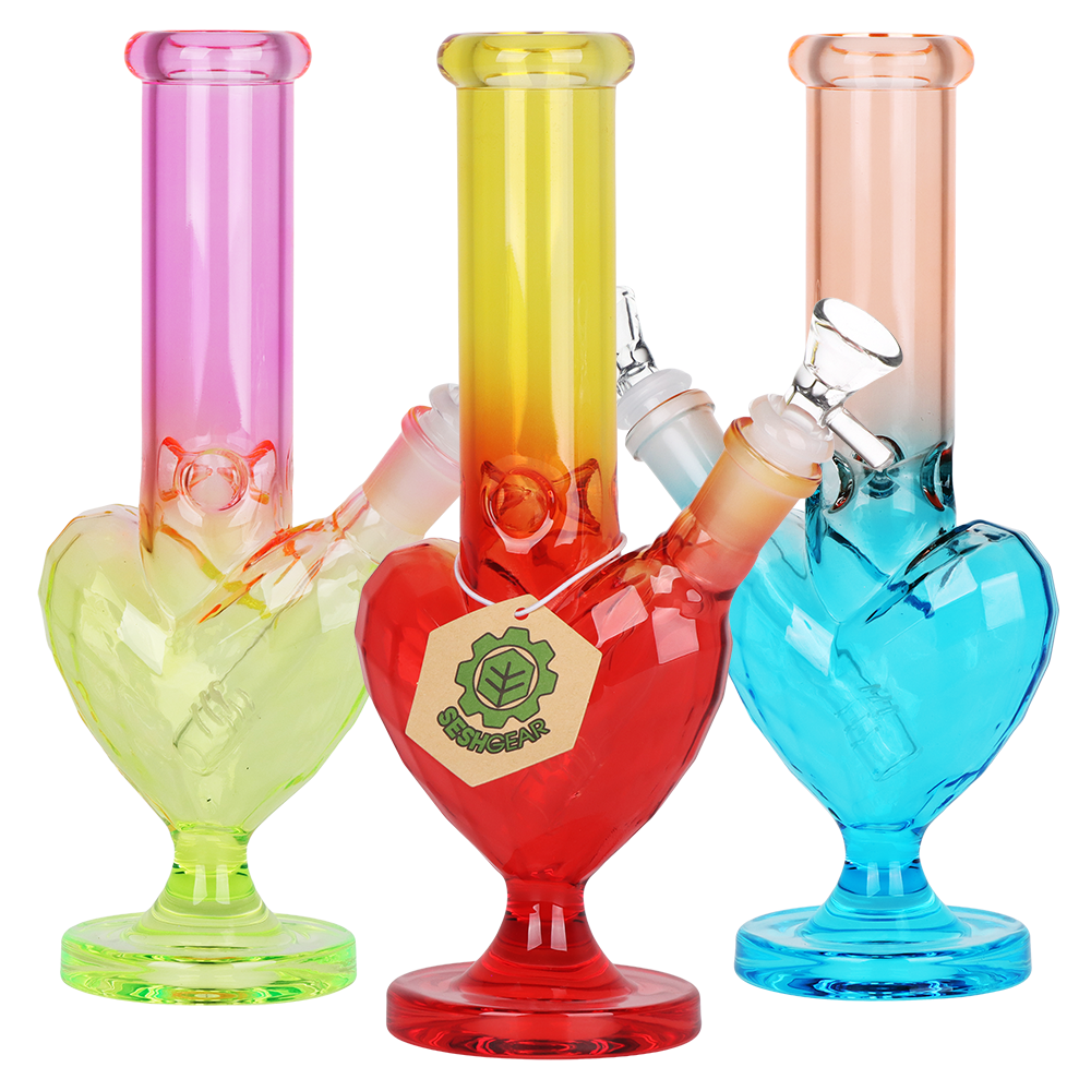 SeshGear Heart Electroplated 9.5 inch glass bong 3 pack with ombre color finishes and heart-shaped bases