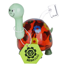 SeshGear Hippy Turtle 5 inch glass dab rig in amber borosilicate glass with flower decals on the shell