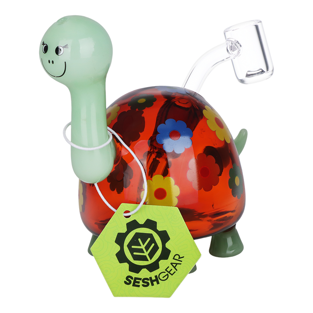 SeshGear Hippy Turtle 5 inch glass dab rig in amber borosilicate glass with flower decals on the shell