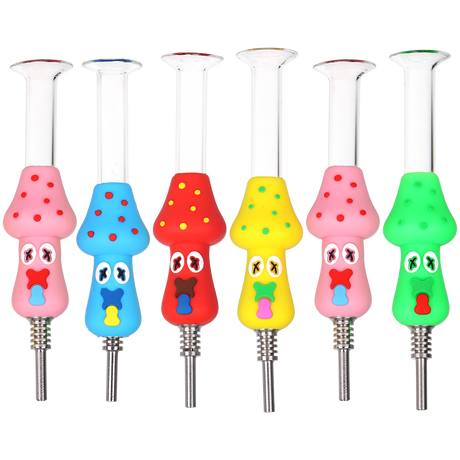 SeshGear Shocked Shrooms 5 inch silicone dab straw 6 pack with mushroom shape and surprised face