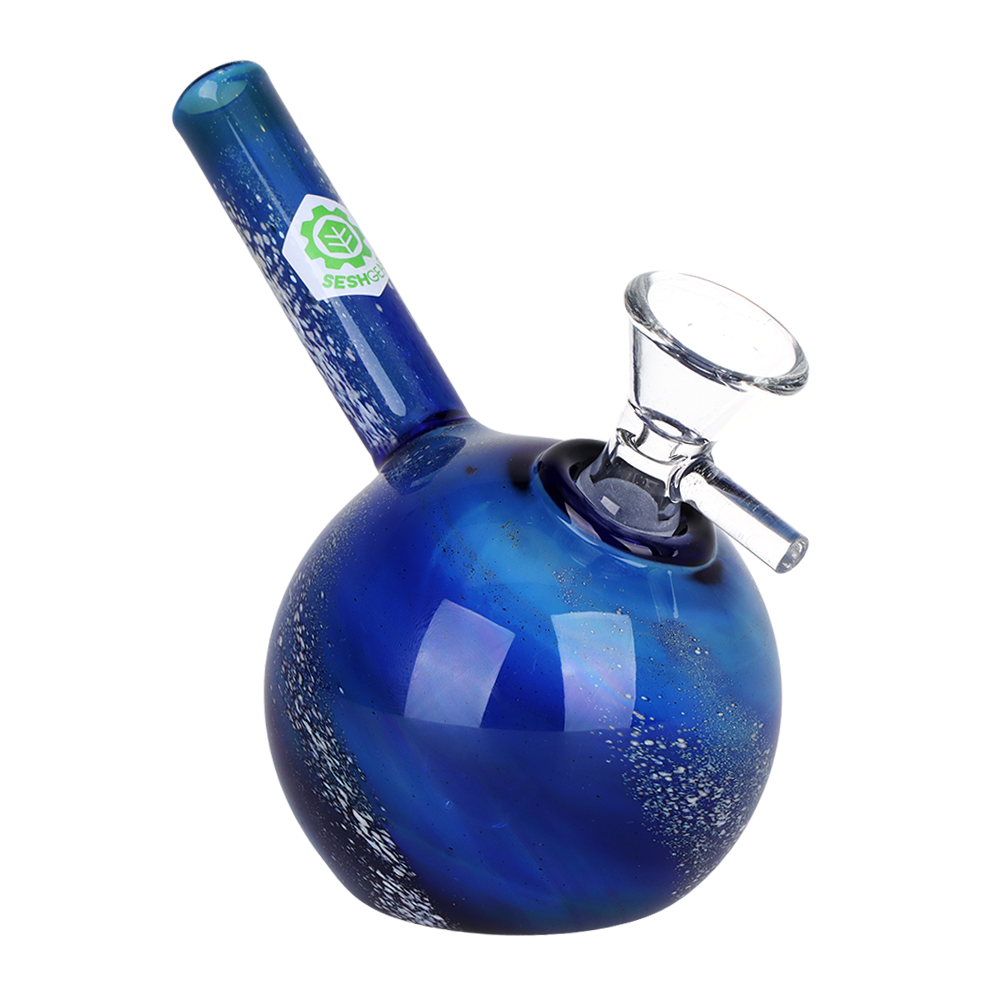 SeshGear Swirled Galaxy 5 inch glass bubbler in blue borosilicate glass with a bubble-style base
