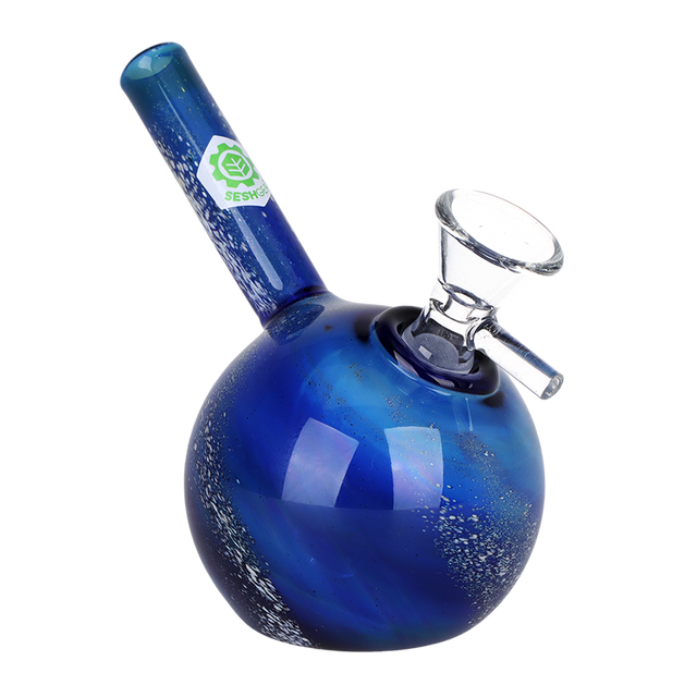 SeshGear Swirled Galaxy 5 inch glass bubbler in blue borosilicate glass with a bubble-style base