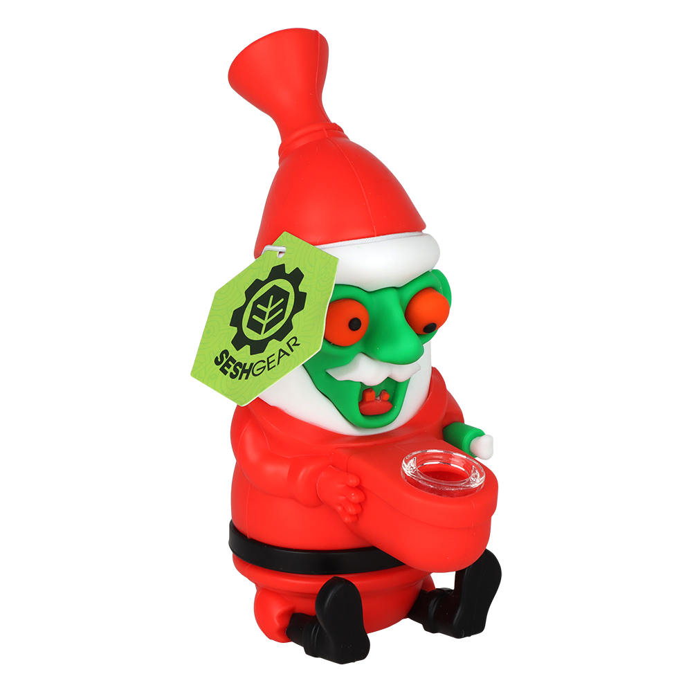 SeshGear Trippy Santa silicone water pipe in green, durable silicone novelty piece for dry herb