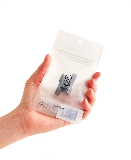 Hand holding Session Goods Small Bowl Water Pipe Replacement 2-pack, compact borosilicate glass design