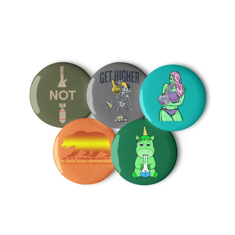 MAV Glass assorted pin buttons set of 5 with unique designs, top view on white background