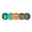 MAV Glass assorted pin buttons set of 5 with unique designs, front view on a white background