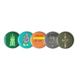 MAV Glass assorted pin buttons set of 5 with unique designs, front view on a white background