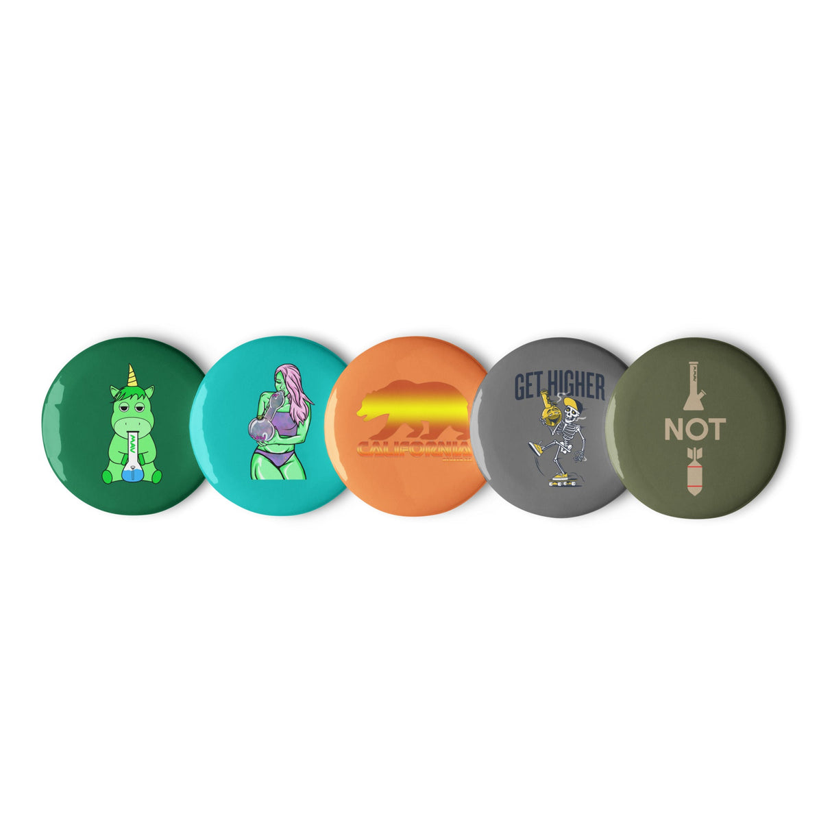 MAV Glass assorted pin buttons set of 5 with unique designs, front view