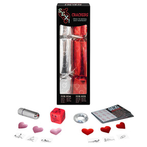 Sex! Crackers Game set with dice, cards, and novelty items for couples, displayed on white background