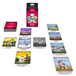 Sex Fortunes Tarot Card Game spread out with box, novelty gift for playful couples