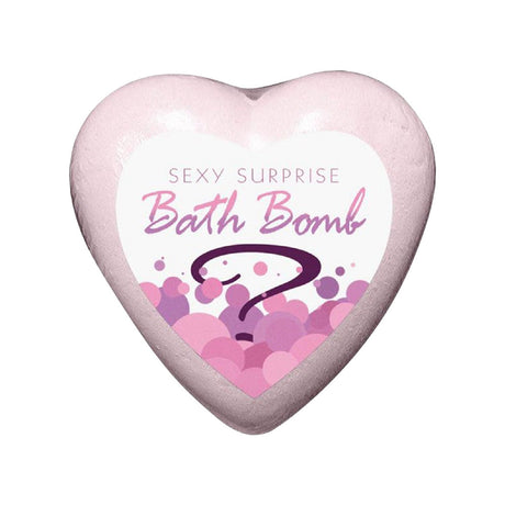 Heart-shaped Sexy Surprise Bath Bomb with Strawberry Champagne scent for a relaxing CBD bath experience.