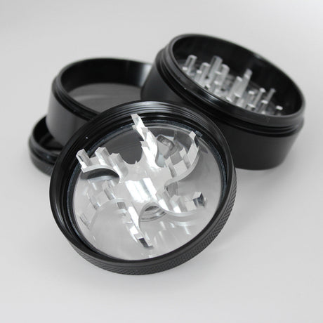 Sharpstone 2.5" Black 4-Part Aluminum Grinder with Mill Handle and Glass Top, Open View