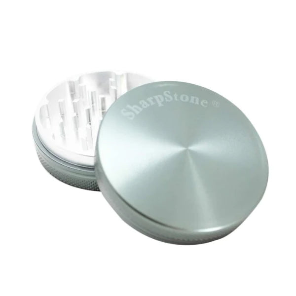 Sharpstone 2-Piece Hard Top Grinder in Grey, Portable Aluminum Herb Grinder - Top and Inside View
