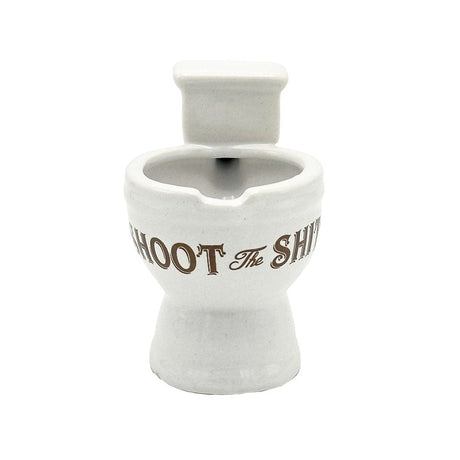 Shoot the Shit Ceramic Shot Glass, Novelty 4oz Toilet Design, Front View on White Background