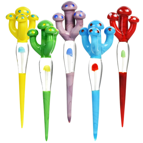 Assorted colors Shroom on Shroom Glass Dabbers, 4.5" borosilicate glass, front view