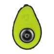 Compact silicone avocado-shaped hand pipe with removable glass bowl, top view on white background