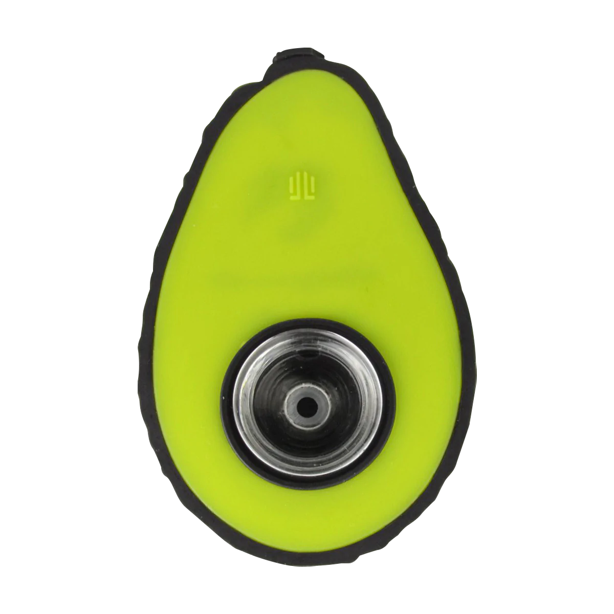 Compact silicone avocado-shaped hand pipe with removable glass bowl, top view on white background