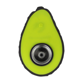 Compact silicone avocado-shaped hand pipe with removable glass bowl, top view on white background