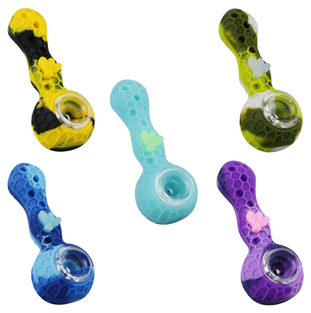 Assorted Silicone Bee Hand Pipes with Borosilicate Glass Bowls on Striped Background