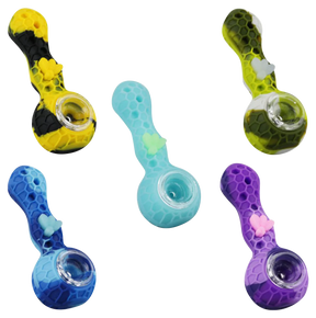 Assorted Silicone Bee Hand Pipes with Borosilicate Glass Bowls on Striped Background